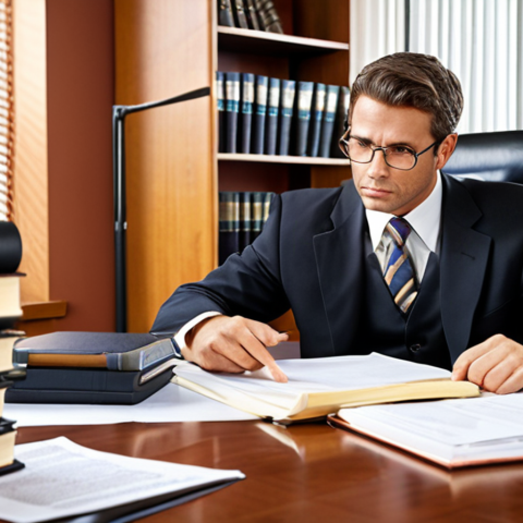 **
A confident lawyer analyzing past cases and projects in a brightly lit office, surrounded by legal documents and books. Focus on the lawyer's thoughtful expression and organized workspace. Consider adding elements that represent success and expertise in corporate law.
**