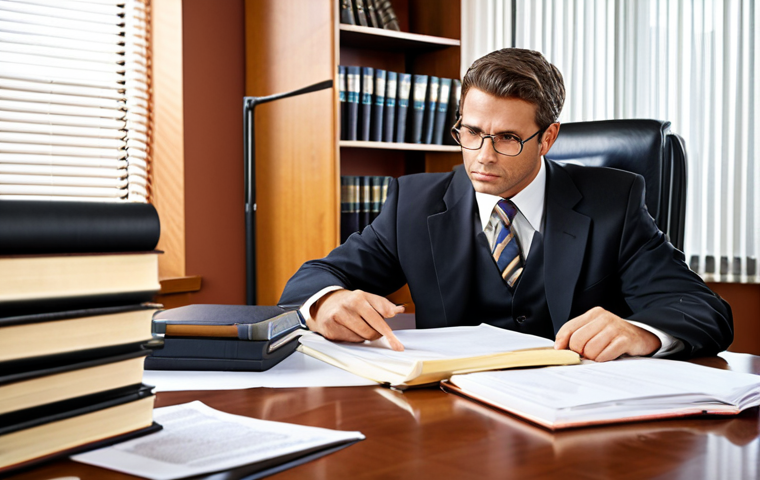 **

A confident lawyer analyzing past cases and projects in a brightly lit office, surrounded by legal documents and books. Focus on the lawyer's thoughtful expression and organized workspace. Consider adding elements that represent success and expertise in corporate law.

**