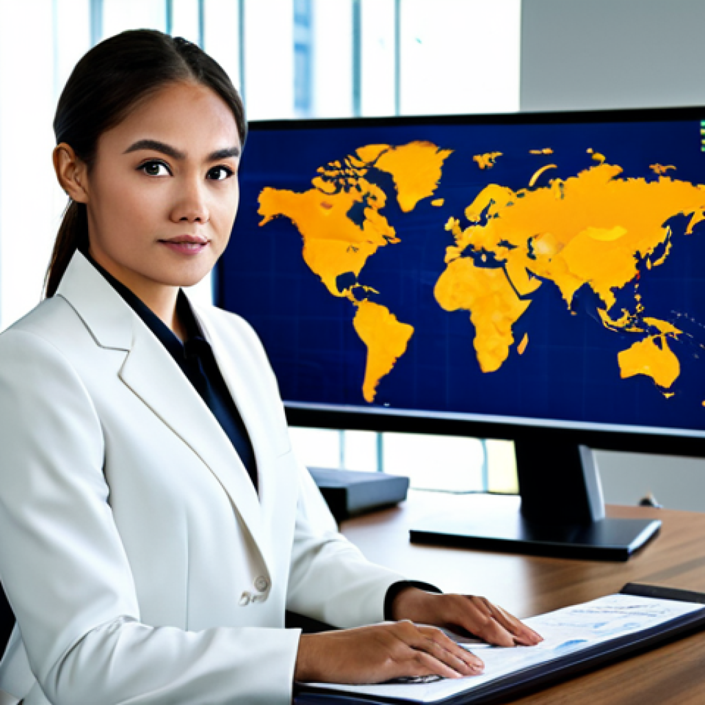 A highly professional female lawyer dressed in a modest, dark business suit with a crisp white shirt, professional dress, appropriate attire, fully clothed. She is seated at a sleek, modern, multi-monitor workstation in a bright, contemporary global law office. One screen displays complex legal documents with AI-powered analytics, while another shows a world map with interconnected legal systems. The lighting is soft and professional studio lighting. The composition is a mid-shot, focusing on the lawyer's intelligent and focused expression. high quality, professional photography, perfect anatomy, correct proportions, natural pose, well-formed hands, proper finger count, natural body proportions, safe for work, appropriate content, modest, family-friendly.