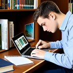 Home 16 변호사 시험 준비에서의 집중력 향상법 - A focused student, fully clothed in modest attire, studying diligently at a library desk surrounded ...