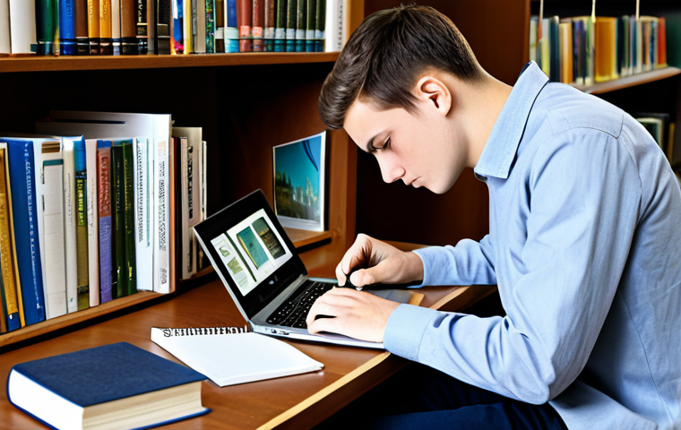 변호사 시험 준비에서의 집중력 향상법 - A focused student, fully clothed in modest attire, studying diligently at a library desk surrounded ...