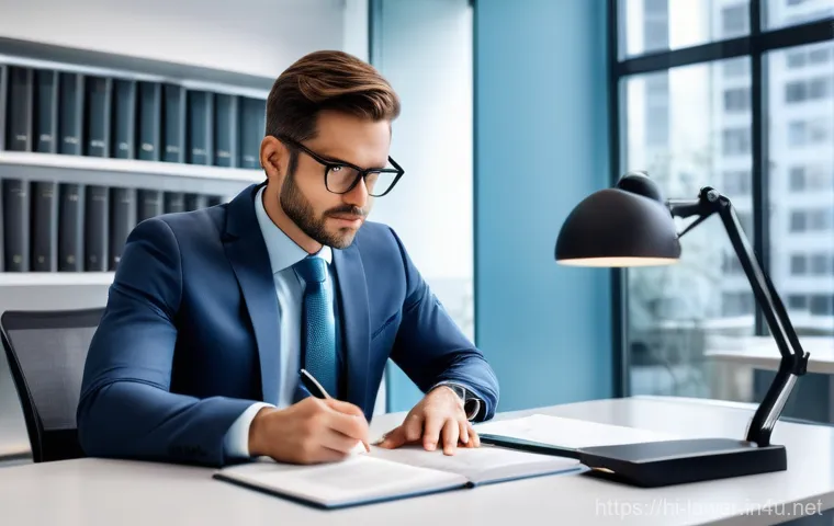 변호사 실무에서의 디지털 기술 활용 - Image Prompt 1: AI-Powered Legal Research in a Modern Office** 변호사 실무에서의 디지털 기술 활용 - Image Prompt 1: AI-Powered Legal Research in a Modern Office**