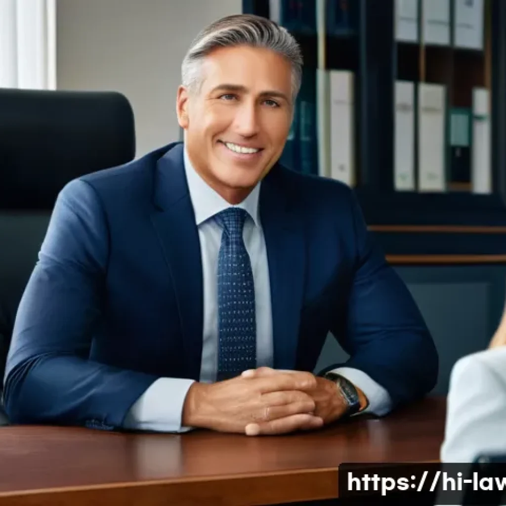 법률사무소의 변호사와 대형 로펌 차이 - **Prompt:** A warm and inviting image of a compassionate, middle-aged male lawyer, dressed in a smar...