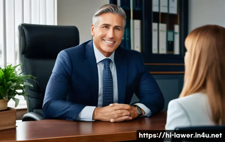 법률사무소의 변호사와 대형 로펌 차이 - **Prompt:** A warm and inviting image of a compassionate, middle-aged male lawyer, dressed in a smar...