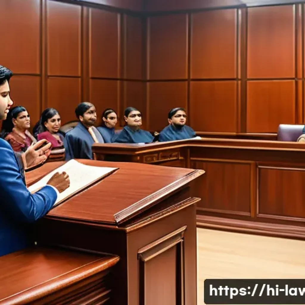 법학 이론과 실무의 차이 - A professional courtroom scene depicting a young Indian lawyer in formal attire, confidently present...