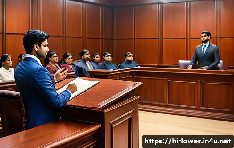 법학 이론과 실무의 차이 - A professional courtroom scene depicting a young Indian lawyer in formal attire, confidently present...