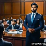 변호사 자격증 활용 후 변호사로서 성장 방법 - A professional Indian lawyer in a modern courtroom setting, wearing formal attire including a well-f...