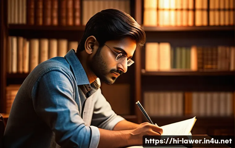 변호사 시험 준비를 위한 명언 모음 - A determined young Indian law student studying late at night in a cozy, traditional room with warm l...