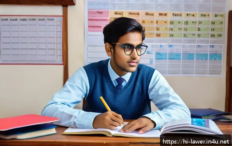 변호사 시험 일정과 준비 전략 - A focused Indian student sitting at a wooden study desk in a cozy room decorated with traditional In...