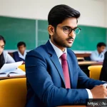변호사 실기 시험 문제 유형 - A professional Indian law student attentively analyzing a complex legal case study in a modern class...