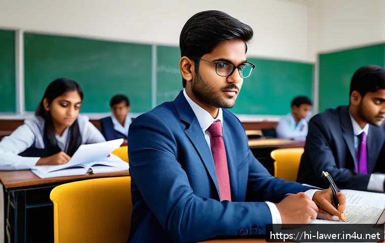 변호사 실기 시험 문제 유형 - A professional Indian law student attentively analyzing a complex legal case study in a modern class...