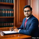 변호사와 판사의 커리어 비교 - A professional Indian lawyer in a modern courtroom setting, wearing formal business attire and eyegl...