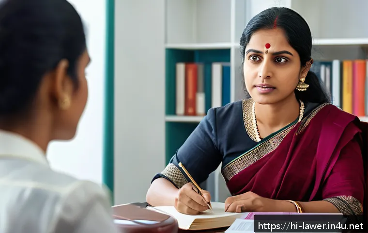 변호사 경력을 활용한 컨설팅 사례 - A compassionate female lawyer attentively listening to a worried Indian woman client in traditional ...