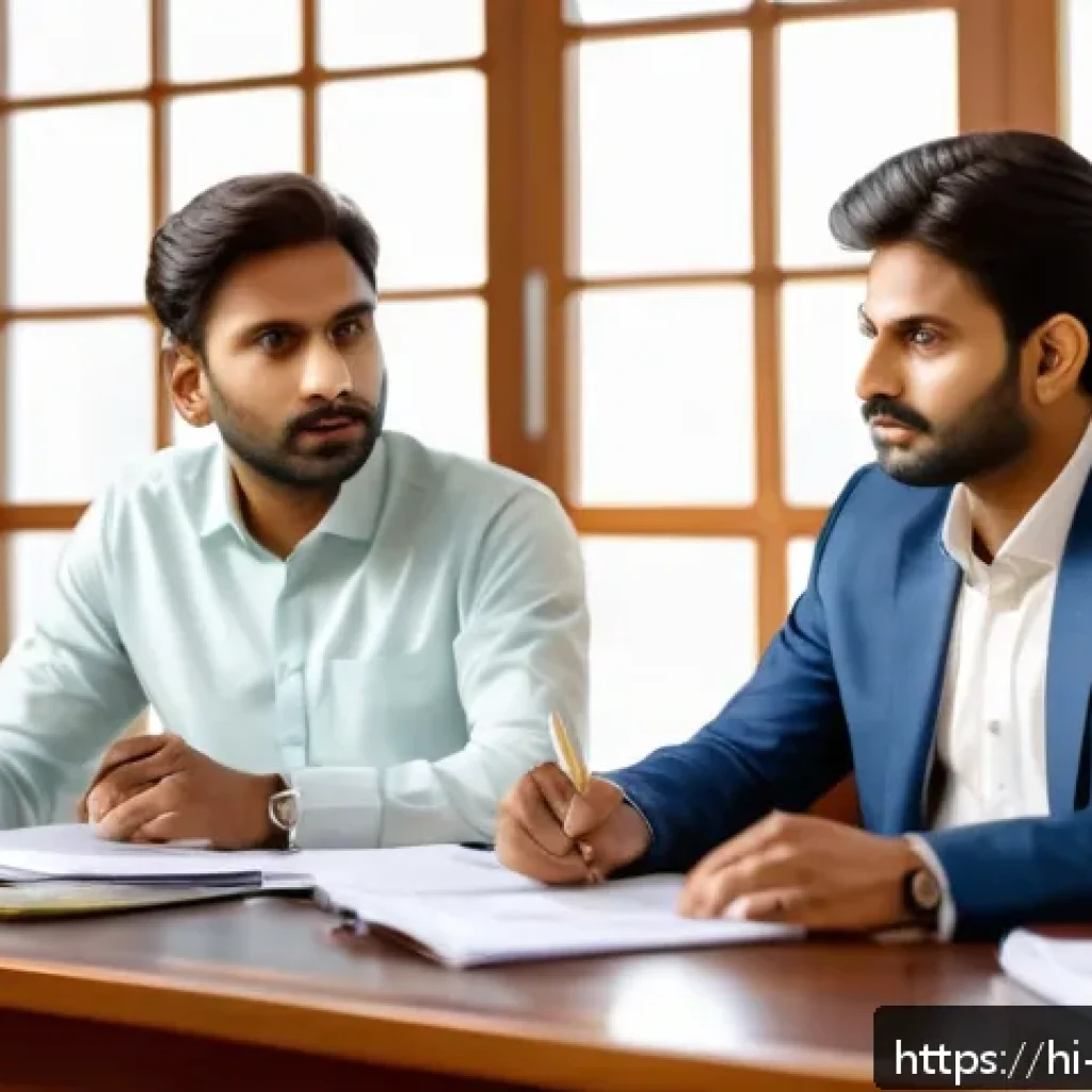 변호사 업무에서의 협상 전략 - A professional negotiation scene between two Indian men in a modern office, both wearing formal busi...