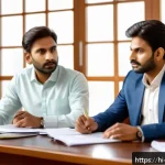 변호사 업무에서의 협상 전략 - A professional negotiation scene between two Indian men in a modern office, both wearing formal busi...