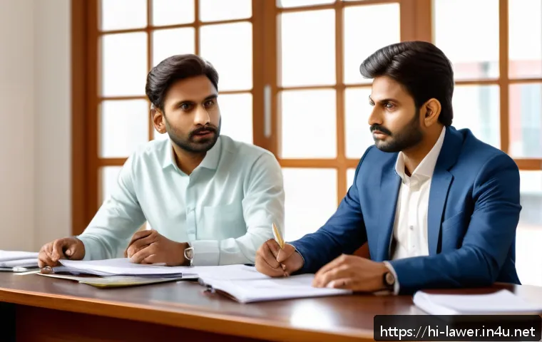 변호사 업무에서의 협상 전략 - A professional negotiation scene between two Indian men in a modern office, both wearing formal busi...