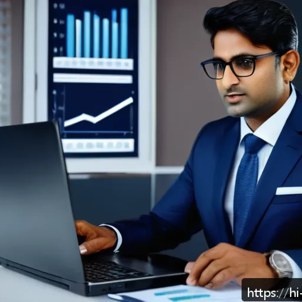 변호사 연봉 상승을 위한 기술 개발 - A professional Indian lawyer in a modern office setting, using automation tools on a sleek laptop to...