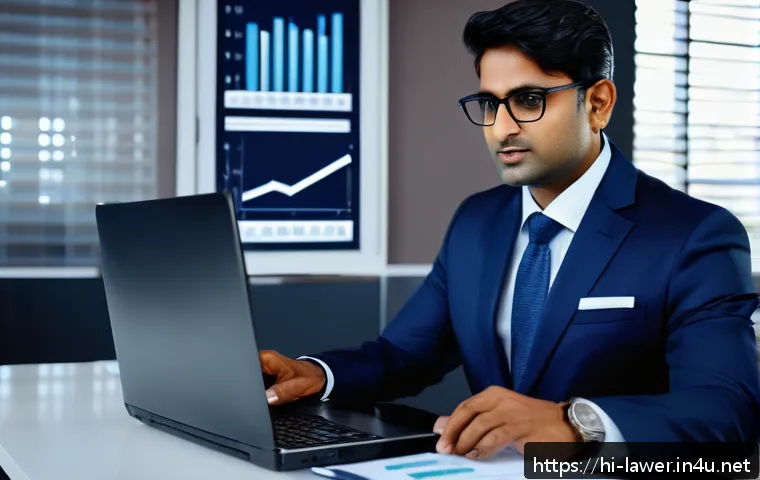 변호사 연봉 상승을 위한 기술 개발 - A professional Indian lawyer in a modern office setting, using automation tools on a sleek laptop to...