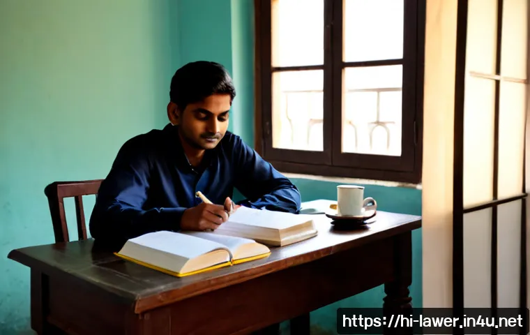 변호사 시험 공부 루틴 - Photorealistic early-morning law exam study routine in a quiet Indian apartment, focused Hindi-speak...